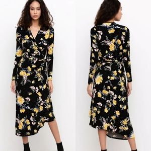 Yumi Kim | Sabine Black Yellow Floral Wrap Midi Dress NWT